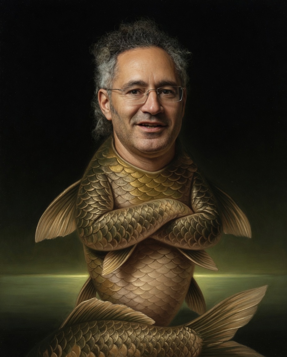 Alex Karp as a carp, fins crossed